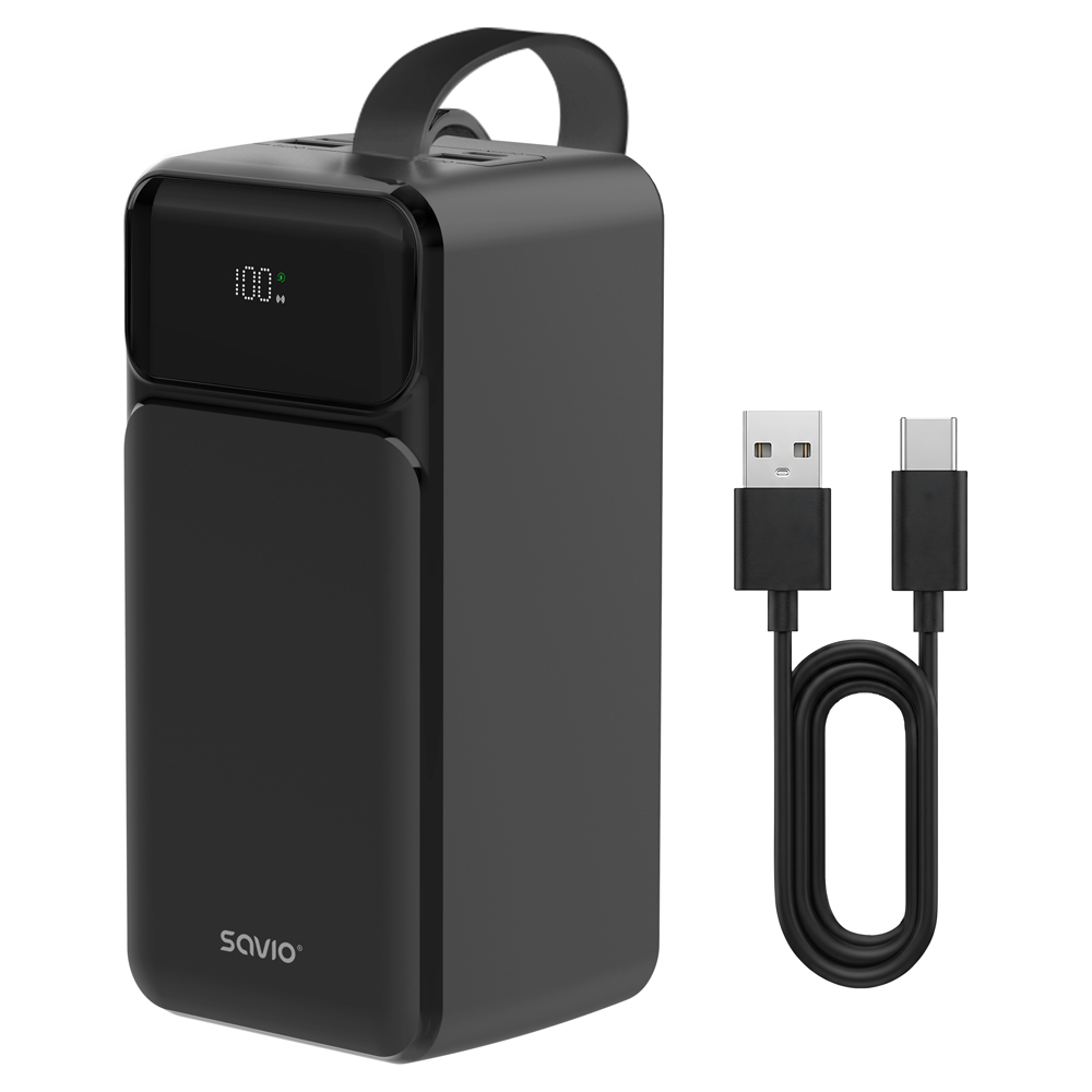 Czarny powerbank z cyfrowym wyświetlaczem, uchwytem i kablem USB-A do USB-C na białym tle.