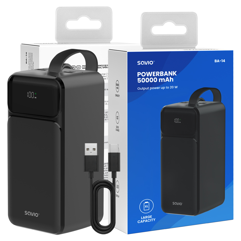 Czarny powerbank o pojemności 50 000 mAh z paskiem i wyświetlaczem, obok niebieskiego opakowania i kabla USB.