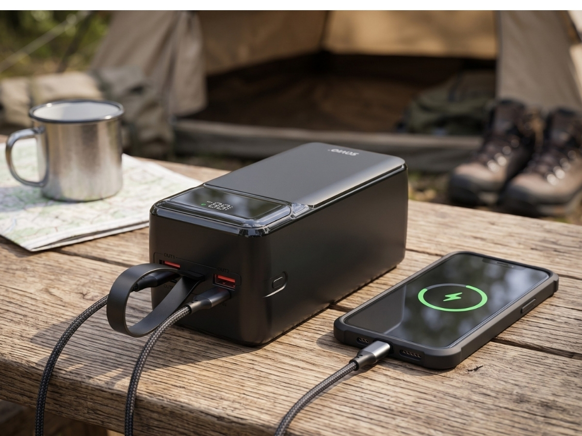Czarny powerbank na drewnianym stole ładuje smartfon, w tle namiot i kubek.