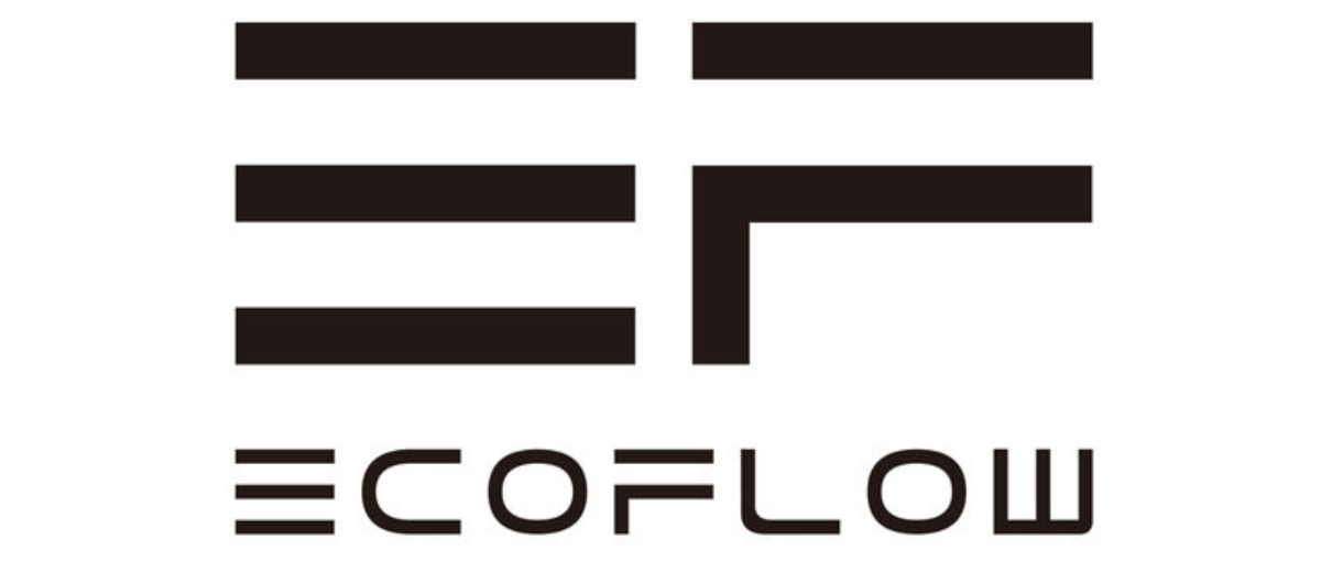 Il logo nero di EcoFlow presenta le lettere stilizzate 'EF' sopra il nome del marchio.