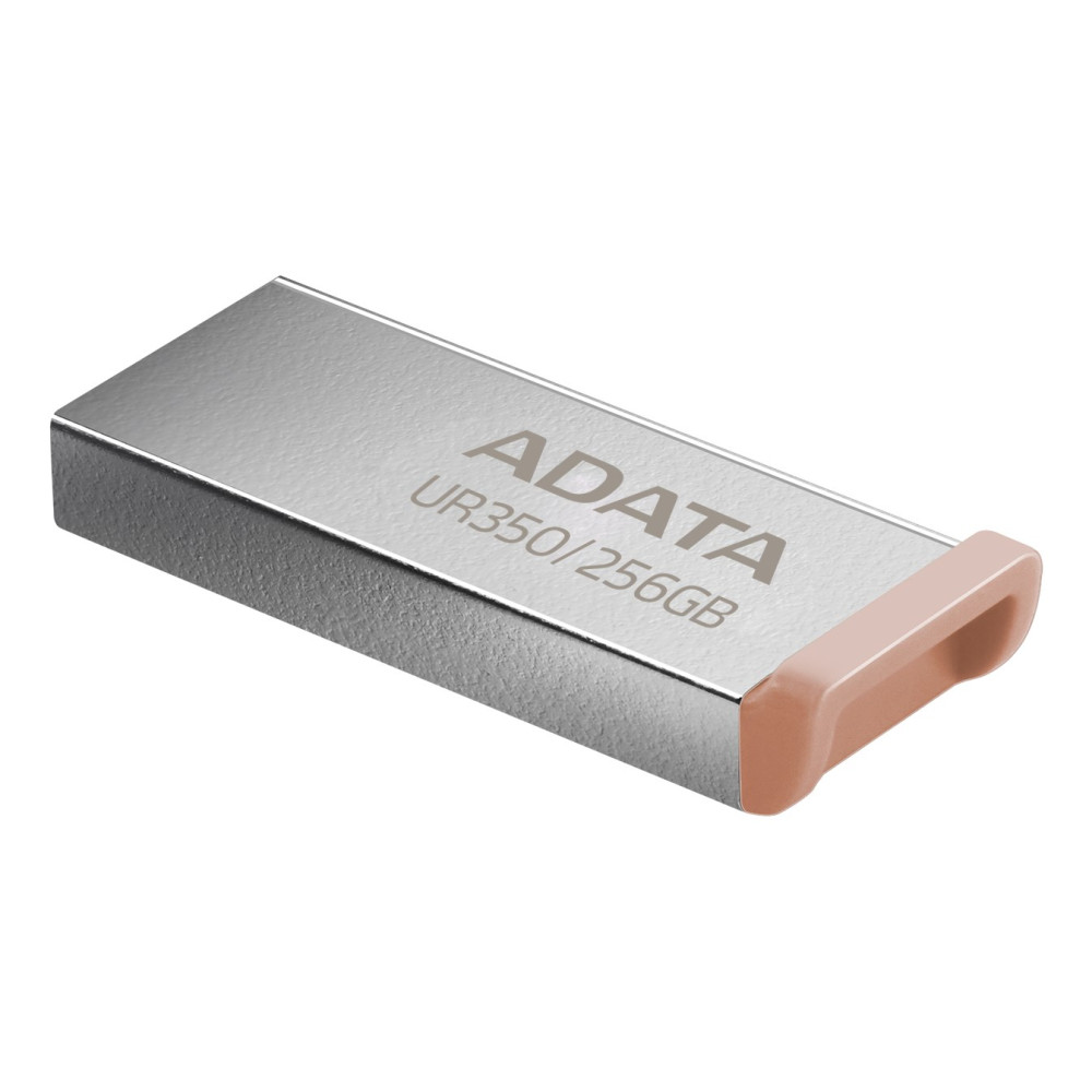 Srebrna pamięć USB ADATA UR350 256 GB z różowozłotą nasadką na gładkim tle.