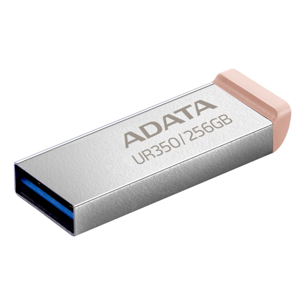 Srebrna pamięć USB ADATA UR350 256 GB z różową końcówką i niebieskim portem USB na białym tle.