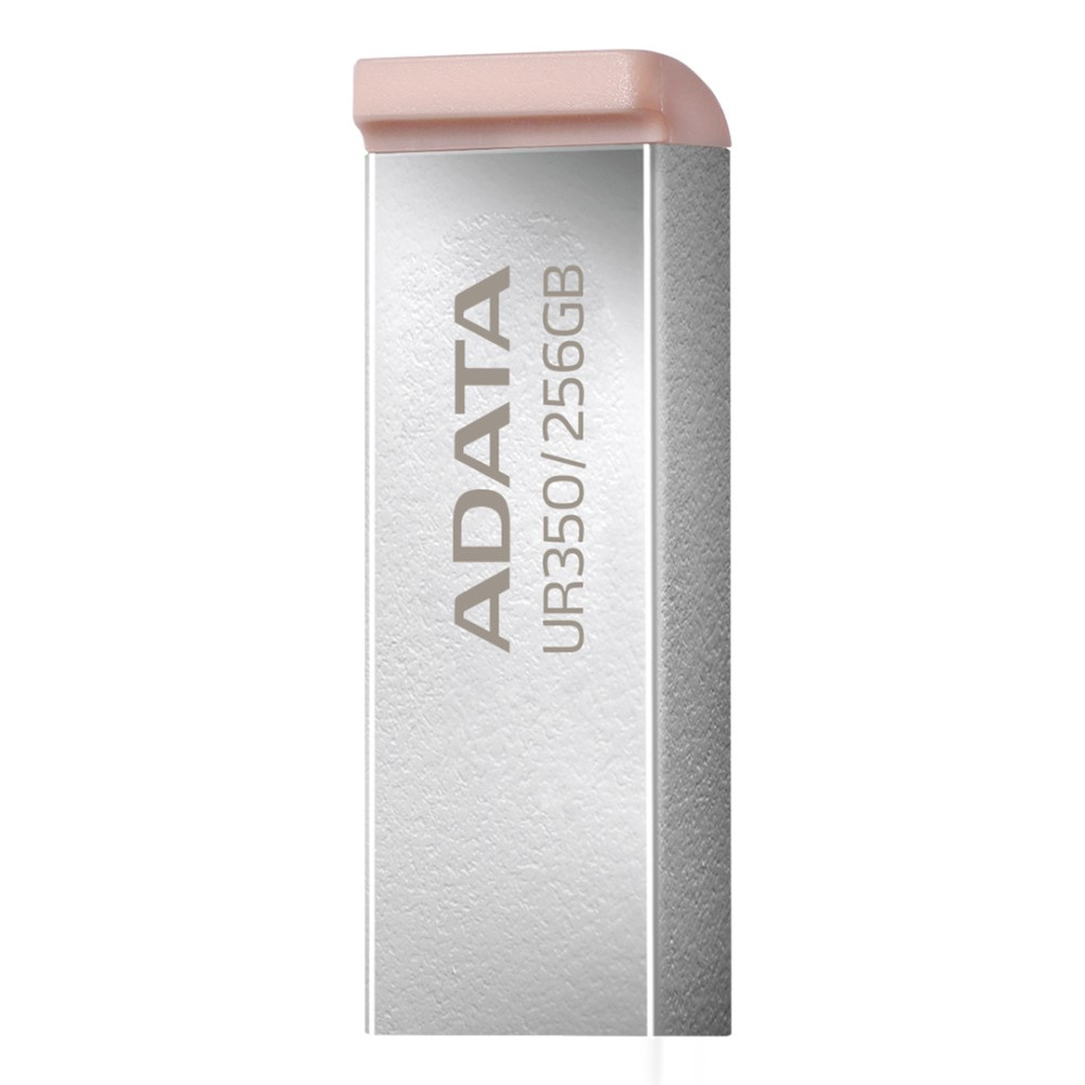 Srebrna pamięć USB ADATA UR350 256 GB z różową nasadką na białym tle.