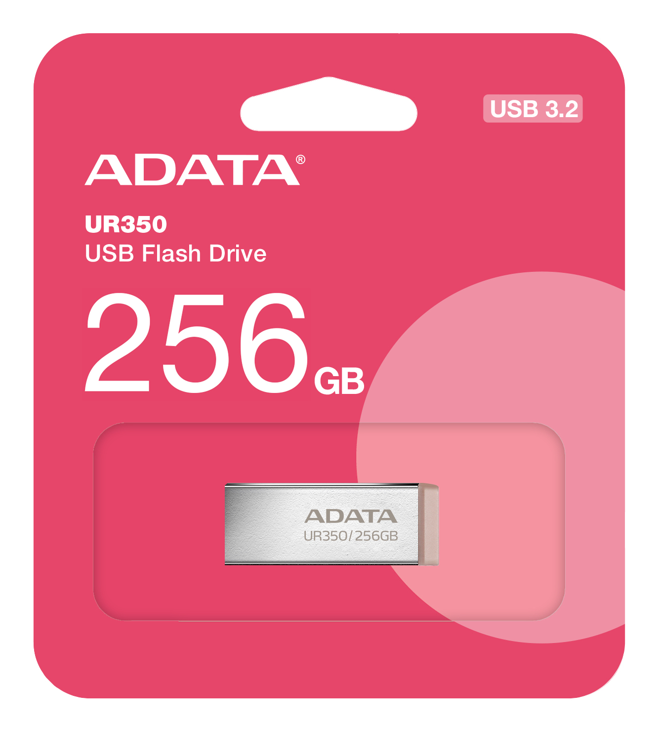 Pamięć USB ADATA UR350 256 GB w czerwonym opakowaniu.