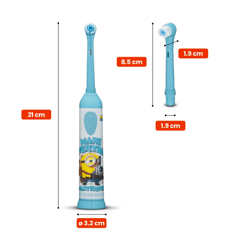 Niebieska elektryczna szczoteczka do zębów dla dzieci z motywem Minionków, o wysokości 21 cm i średnicy 3,2 cm.
