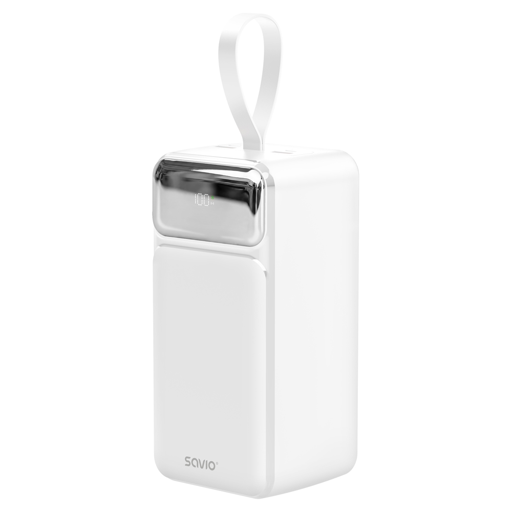 Biały power bank z wyświetlaczem cyfrowym, chromowanym akcentem i paskiem na gładkim tle.