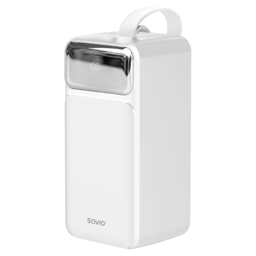Biały przenośny powerbank z cyfrowym wyświetlaczem i uchwytem na białym tle.