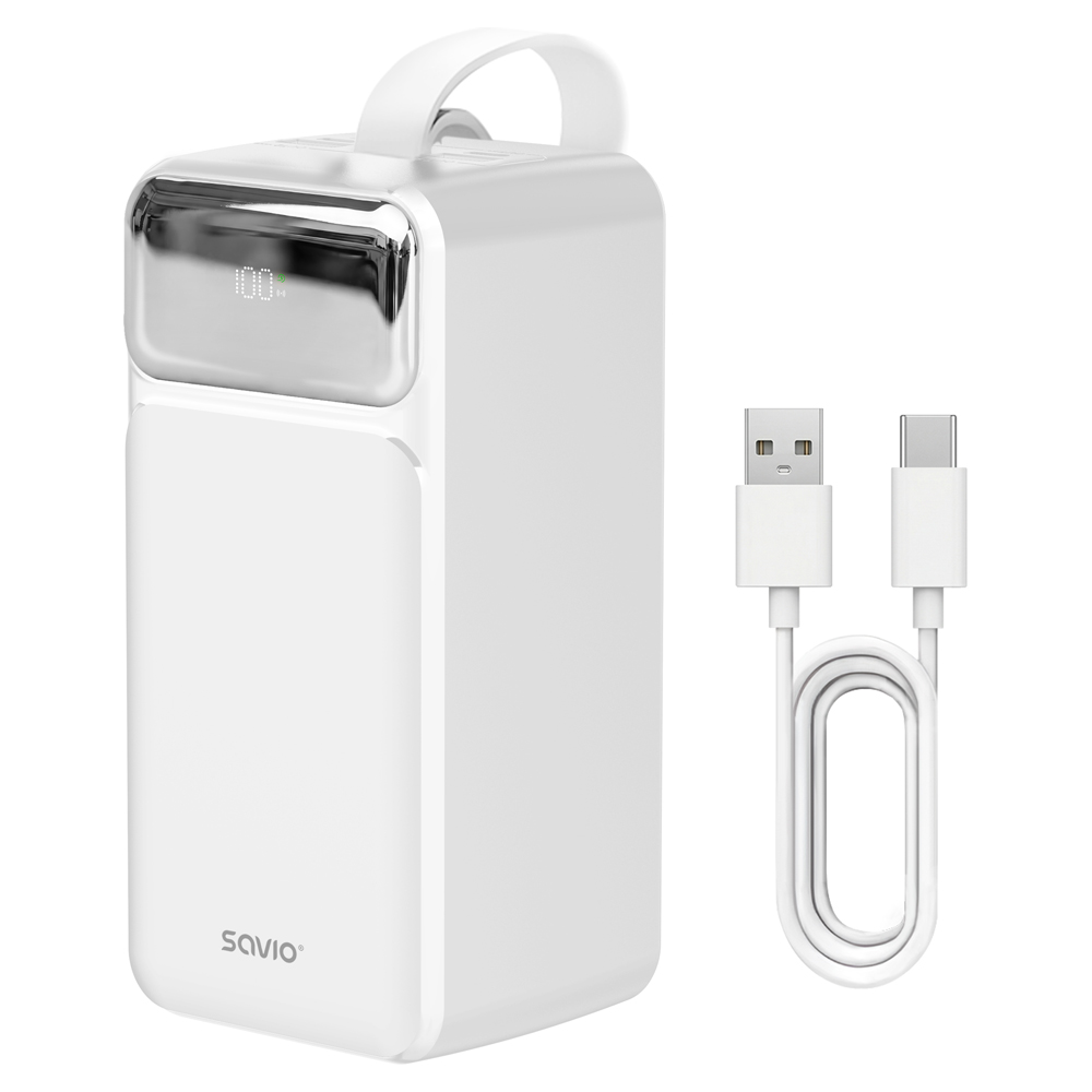 Biały powerbank z cyfrowym wyświetlaczem i uchwytem obok białego kabla USB-A do USB-C.