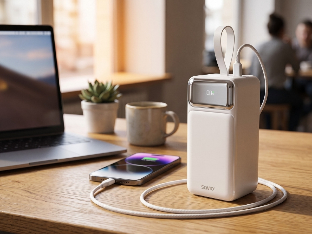 Biały powerbank z wyświetlaczem ładuje smartfon na drewnianym stole, w tle laptop i roślina.