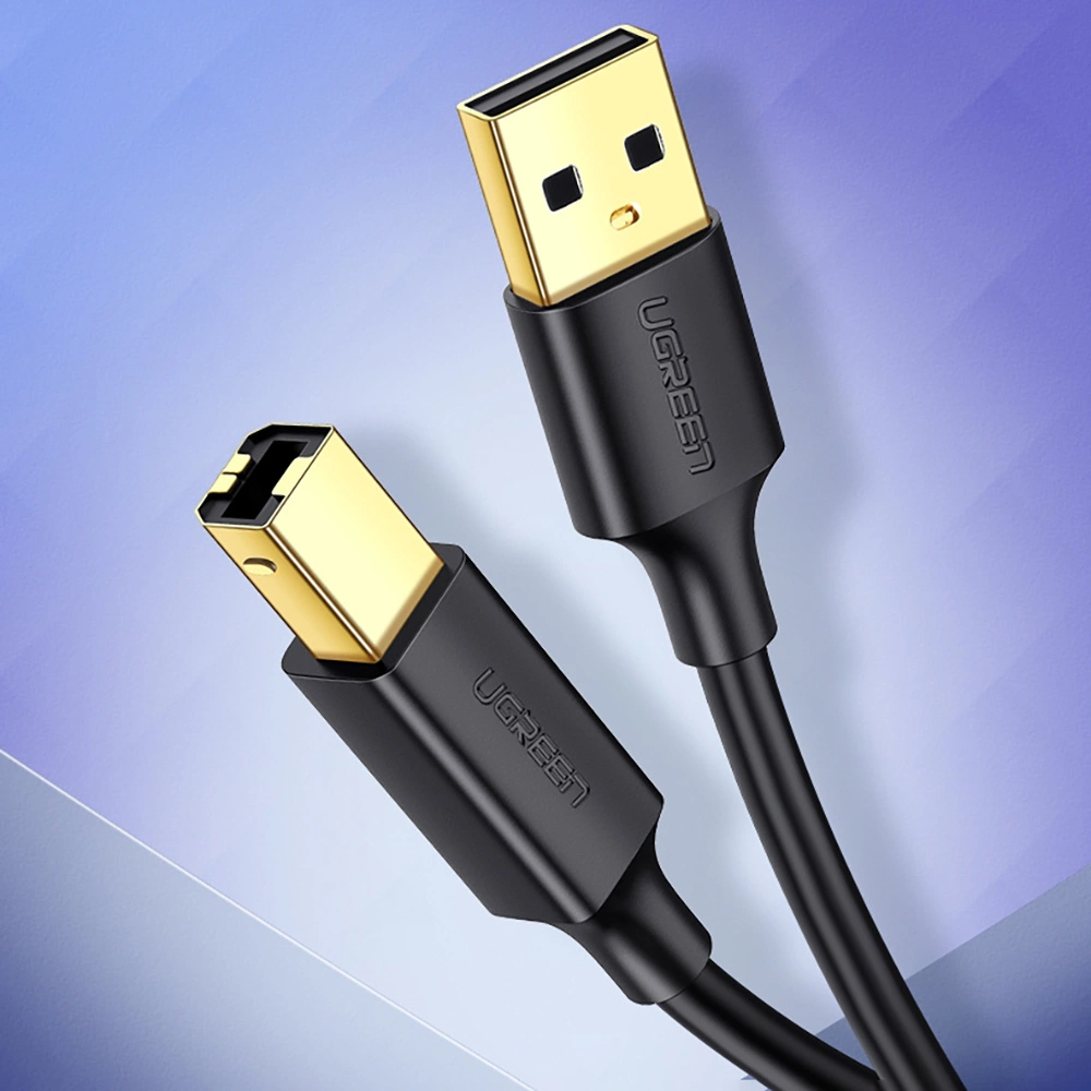 Due connettori per cavo USB UGREEN dorati su sfondo blu.