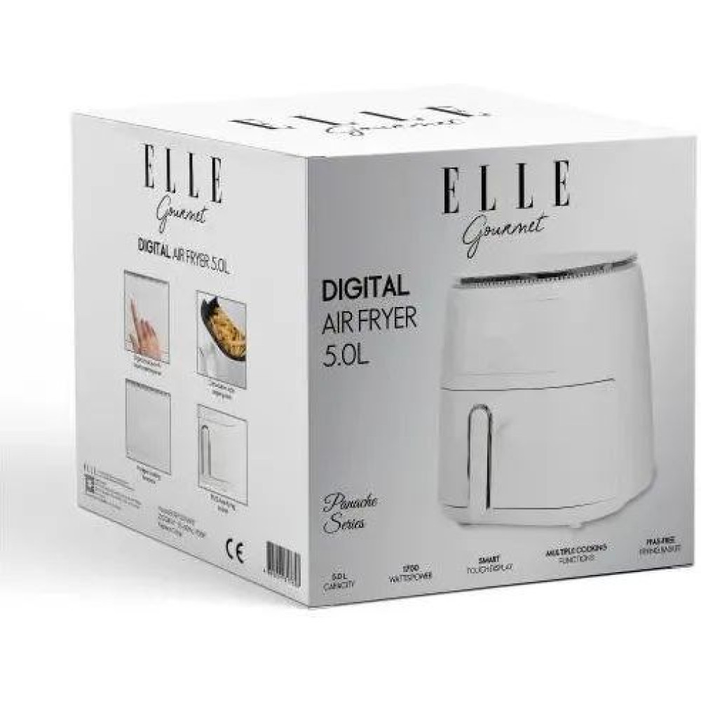 Opakowanie produktu białej cyfrowej frytkownicy beztłuszczowej Elle Gourmet 5.0L.