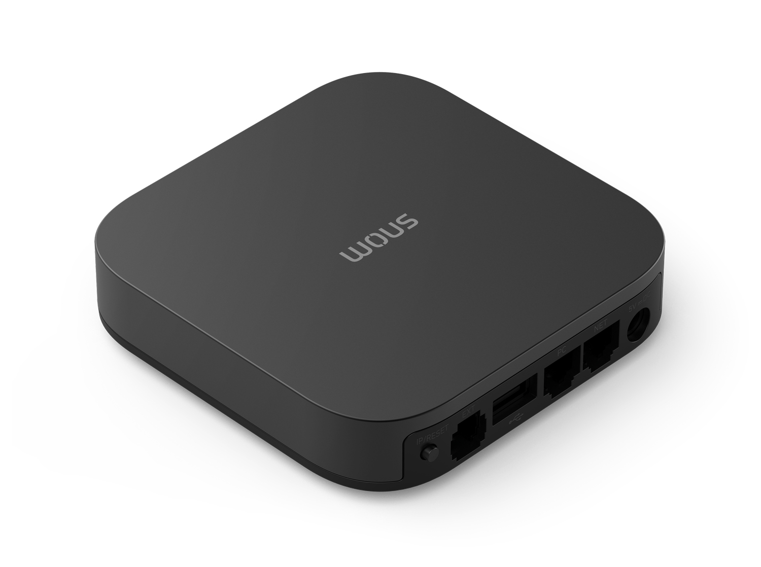 Un dispositivo IP Snom nero con varie porte sul lato si trova su sfondo bianco.