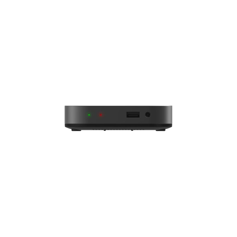 Un box TV nero con due spie luminose, una porta USB e un jack audio sul pannello frontale.