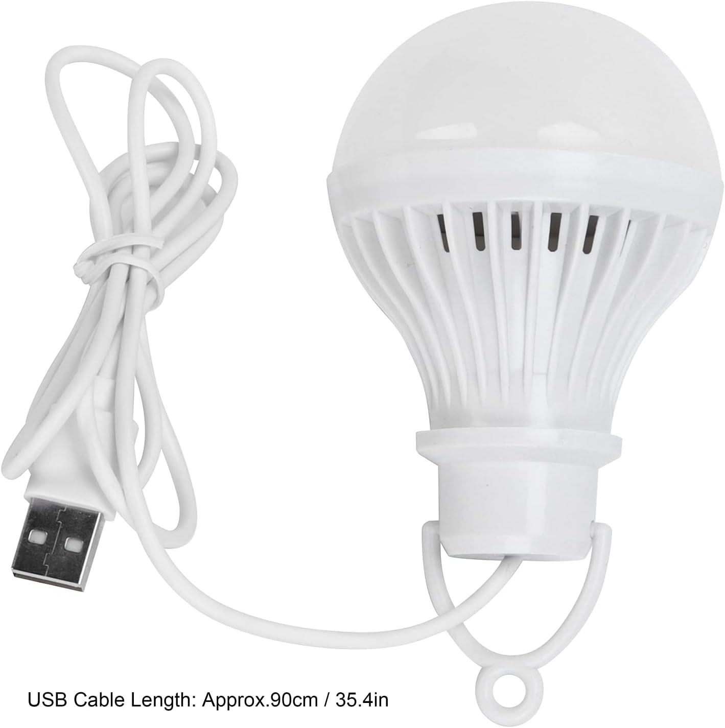 Eine weiße LED-Glühbirne mit integriertem Aufhängehaken und einem weißen USB-Kabel.
