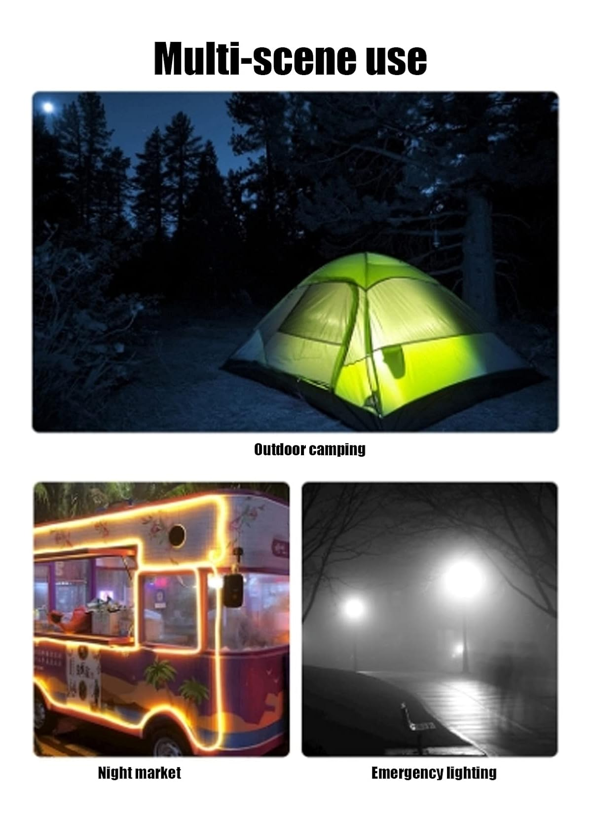 Multi-Szene Verwendung: Ein beleuchtetes Zelt beim Camping, ein Food-Truck auf einem Nachtmarkt und Notbeleuchtung.