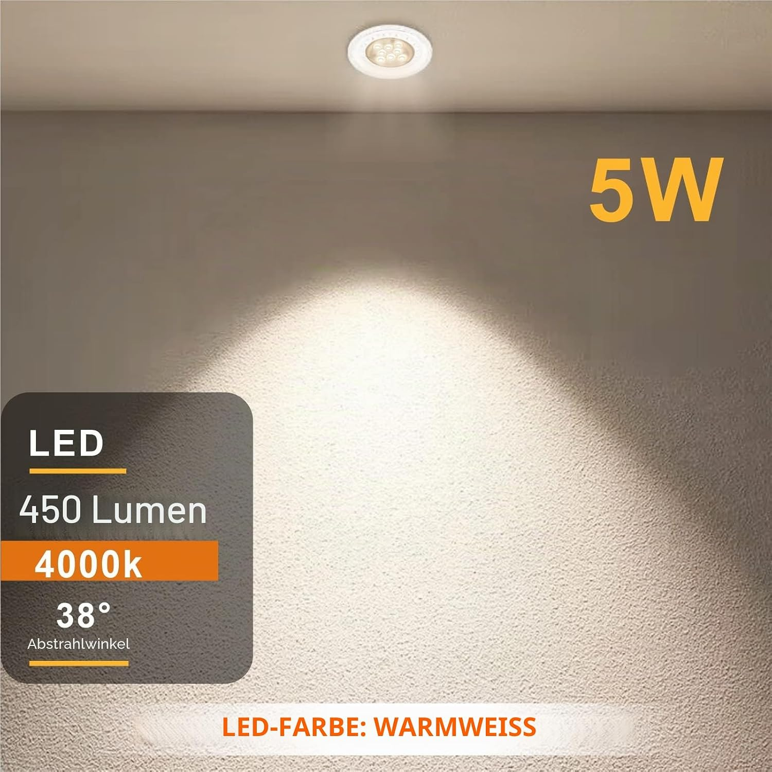 Eine eingebaute LED-Lampe an einer Decke leuchtet an eine Wand und zeigt technische Daten wie 5W und 450 Lumen.