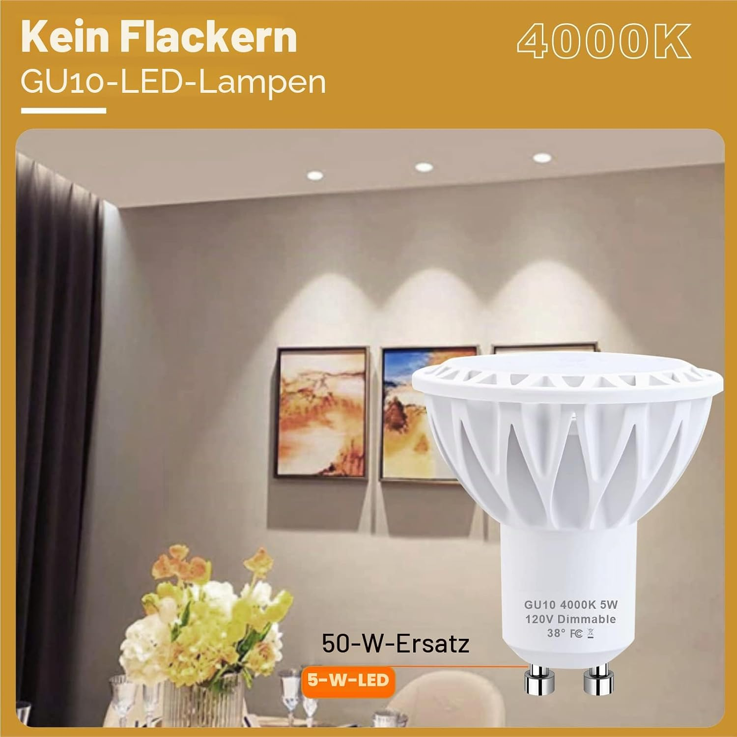 Eine weiße GU10-LED-Lampe vor einem modern eingerichteten Raum mit Bildern und Blumen.