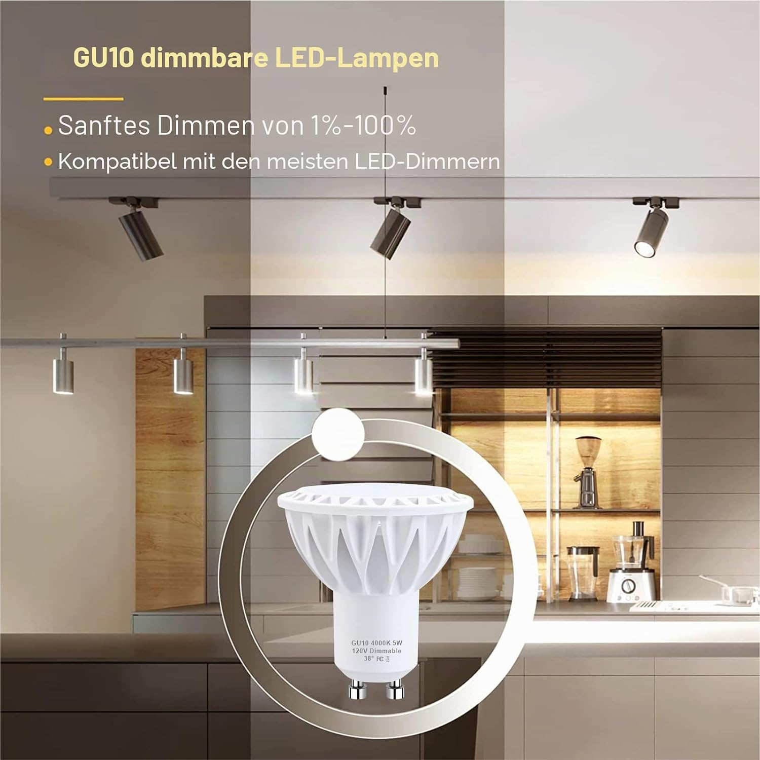 GU10 LED-Lampe vor einer modernen Küche, mit Text und Beleuchtungsdetails.