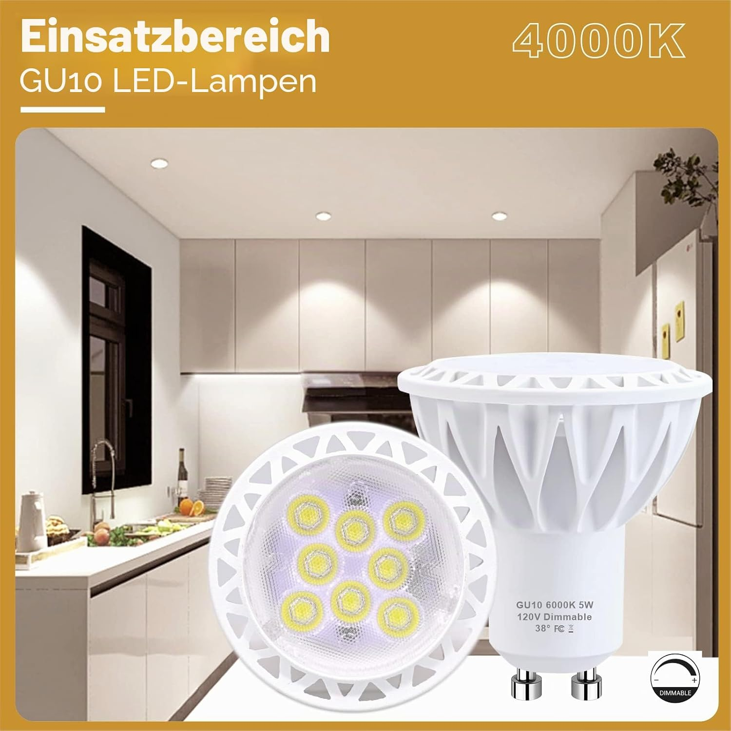 GU10 LED-Lampe in Weiß mit LEDs und Dimmsymbol, platziert vor einer modernen Küche.