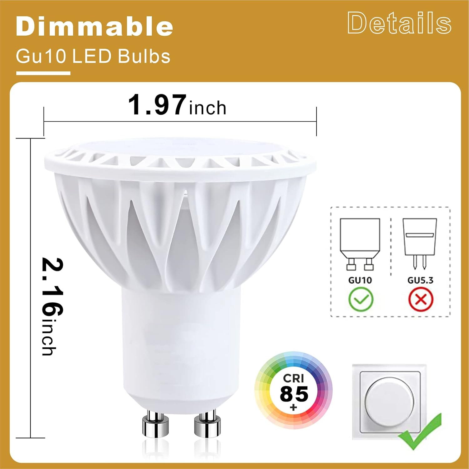 Dimmbare GU10 LED-Lampe mit Maßen von 1.97 und 2.16 Zoll, CRI 85 und Kompatibilitätssymbolen.