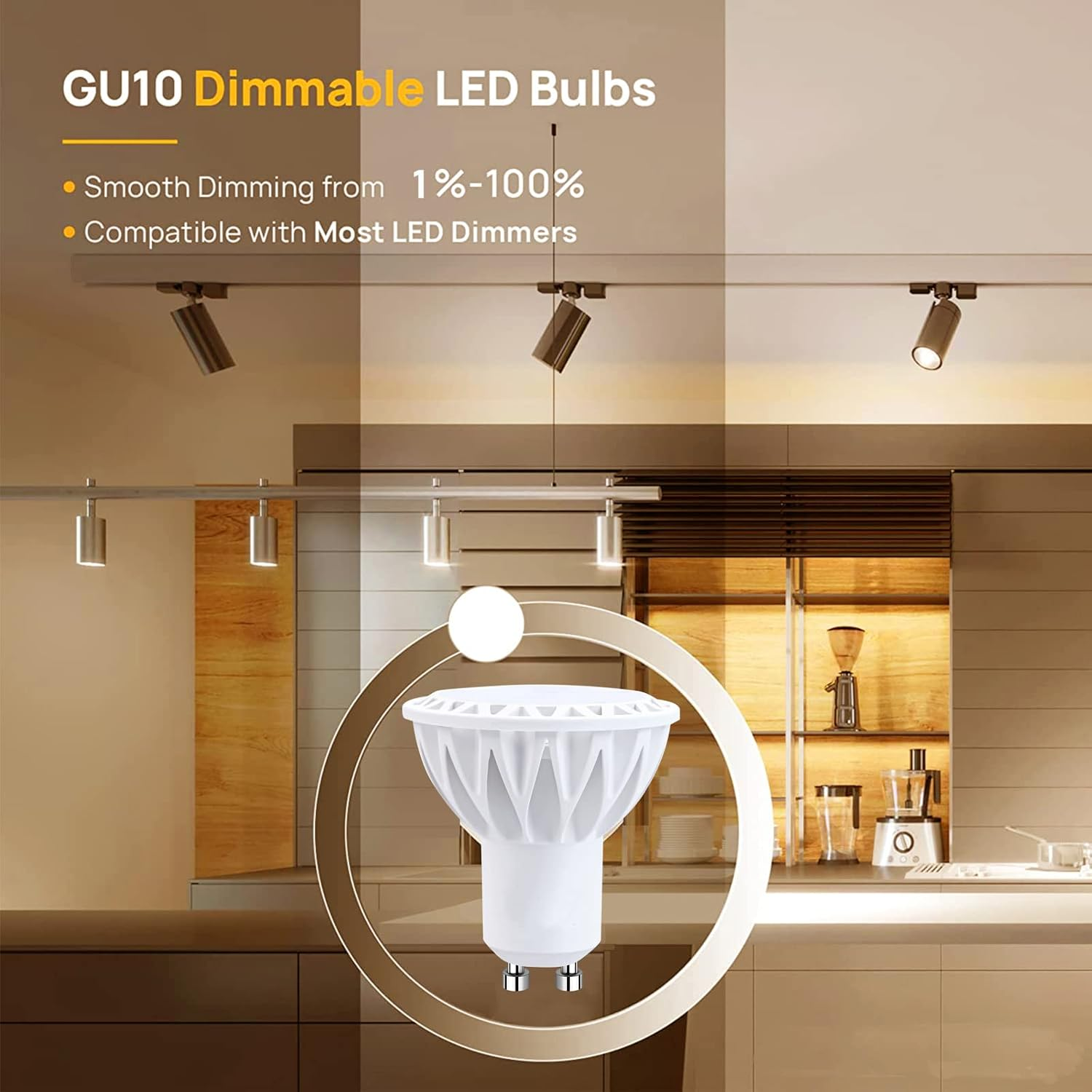 GU10 dimmbare LED-Lampe vor einer beleuchteten modernen Küche mit Text für glattes Dimmen.