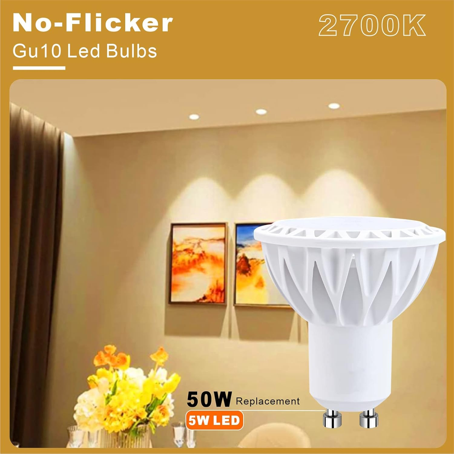 Eine weiße GU10-LED-Lampe vor einem warm beleuchteten Innenraum mit Gemälden.