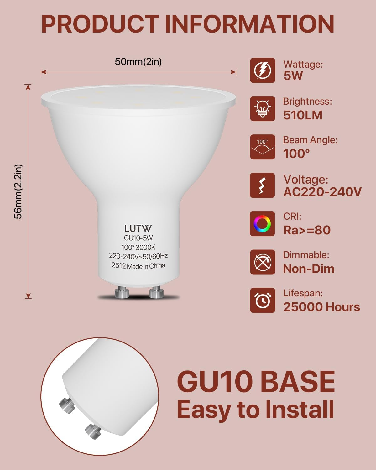 Produktinformation für eine weiße GU10 LED-Glühbirne mit technischen Spezifikationen und Maßen.