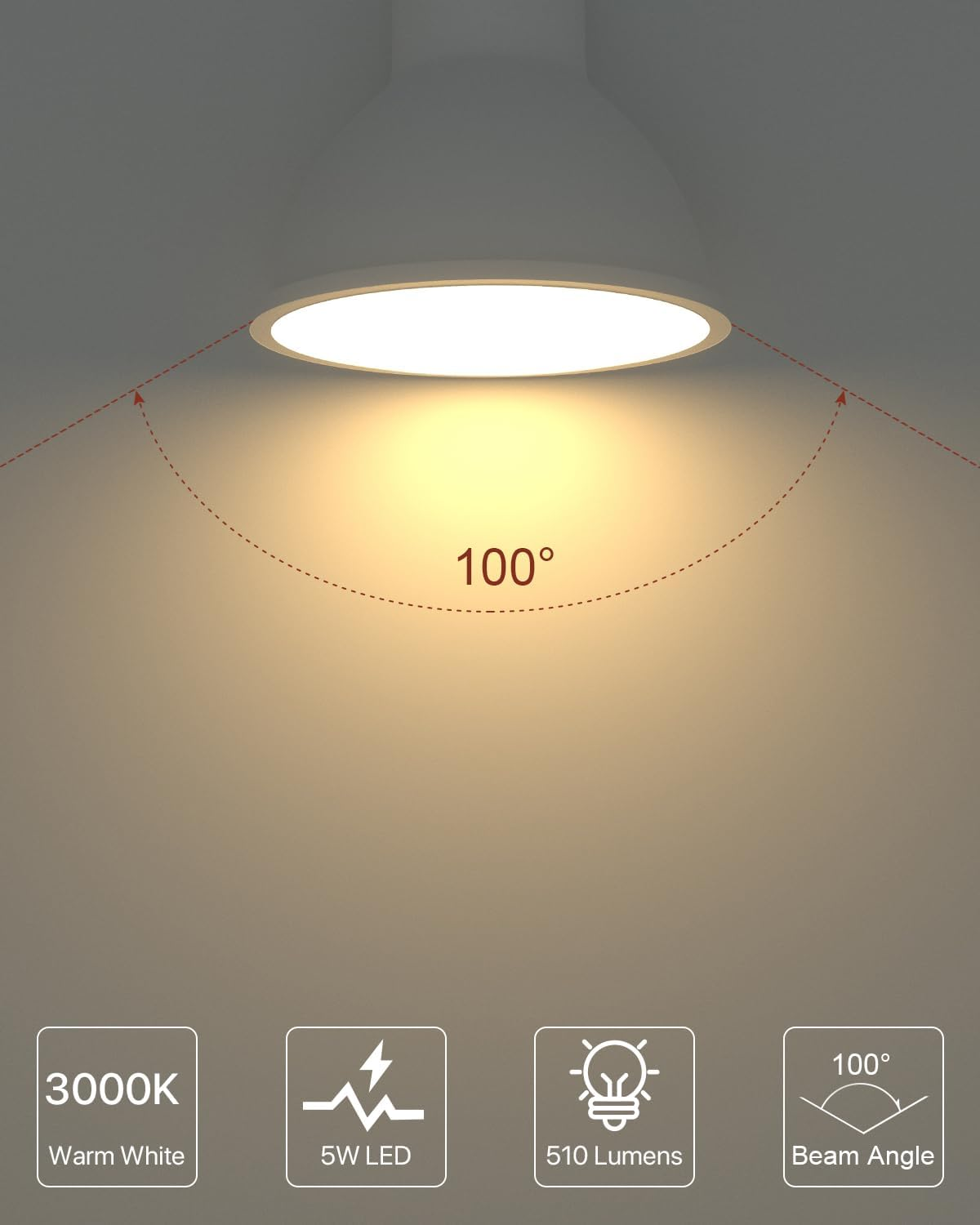 Eine weiße Deckenlampe strahlt warmes Licht aus. Vier Symbole unten zeigen 3000K, 5W LED, 510 Lumen und 100 Grad Abstrahlwinkel.