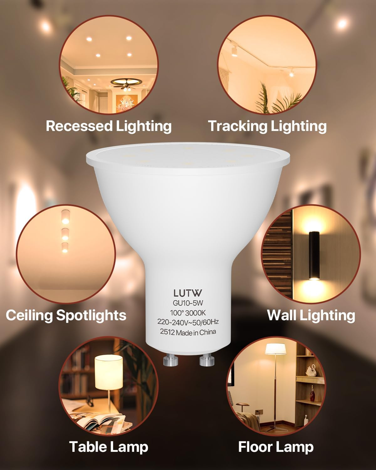 Eine weiße GU10-LED-Lampe im Zentrum, umgeben von runden Bildern, die verschiedene Beleuchtungsarten zeigen.
