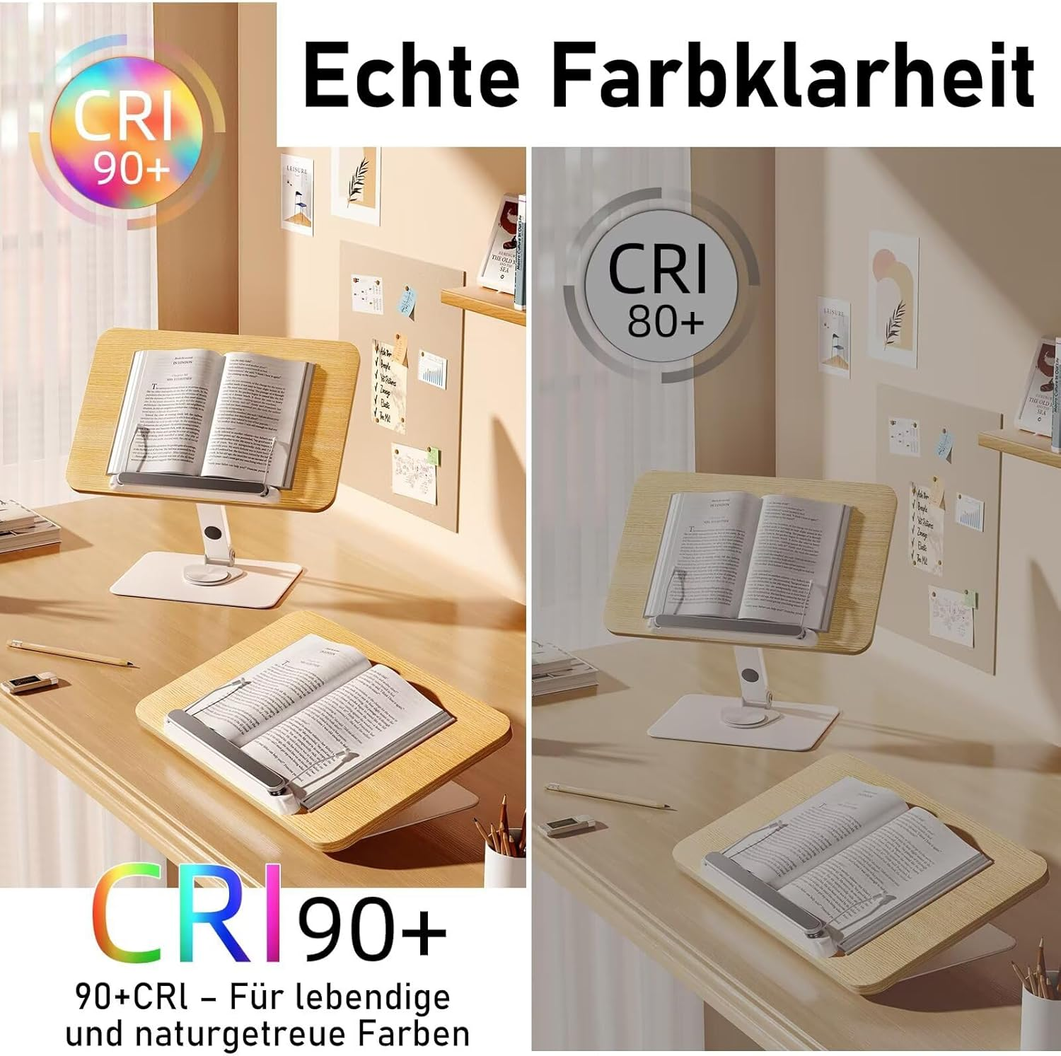 Vergleich von Schreibtischen mit unterschiedlichen CRI-Werten und Farbklaren.