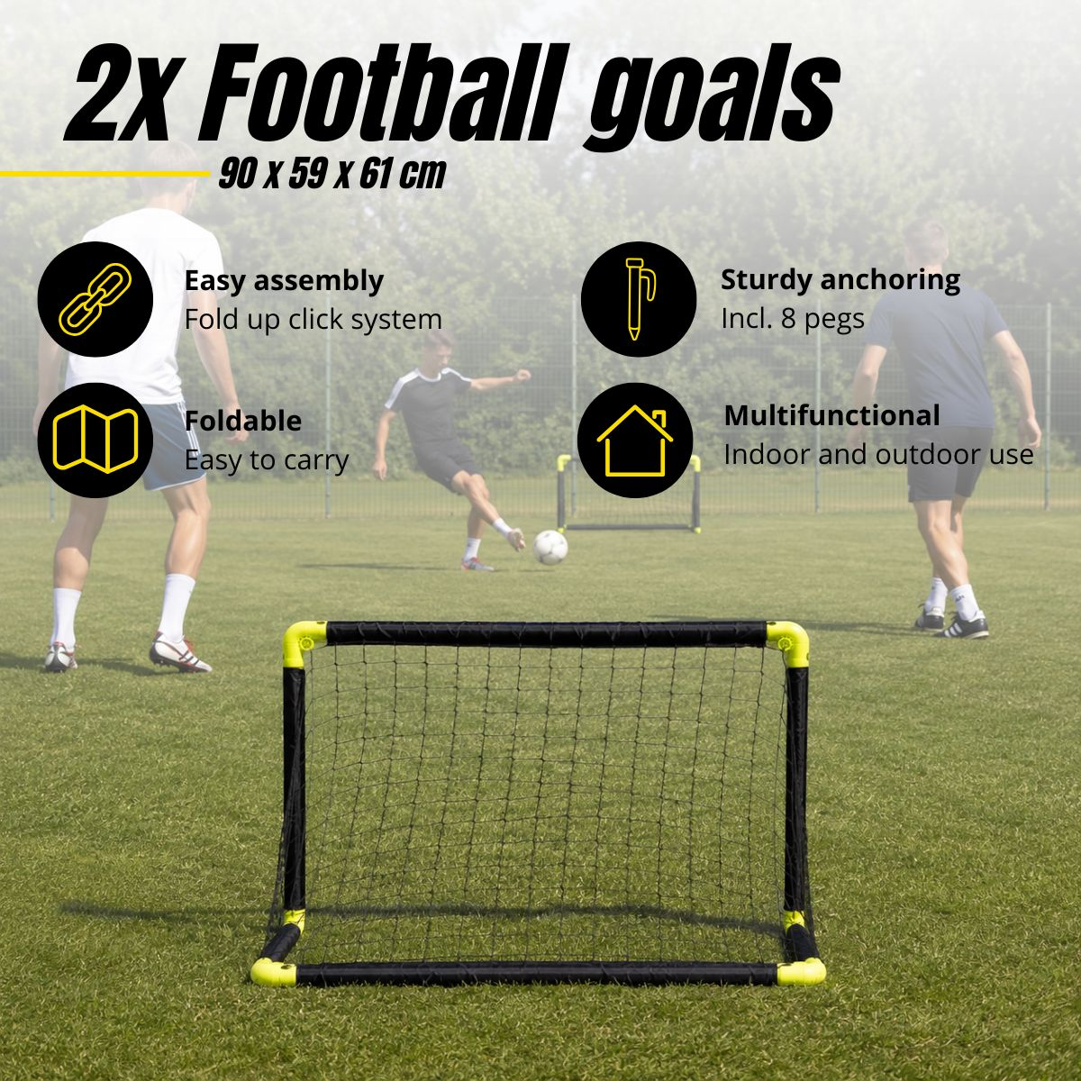 Two small football goals with text about easy assembly, foldability, and sturdy anchoring on a grassy field.