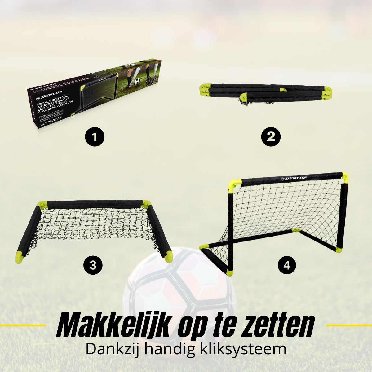 Steps to assemble a Dunlop foldable soccer goal, shown with packaging, folded poles, half-built goal, and final setup.