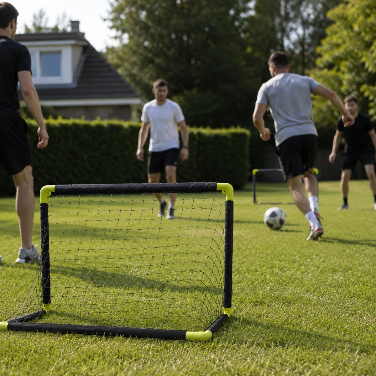 Four men play soccer in a garden with a small goal in the foreground.