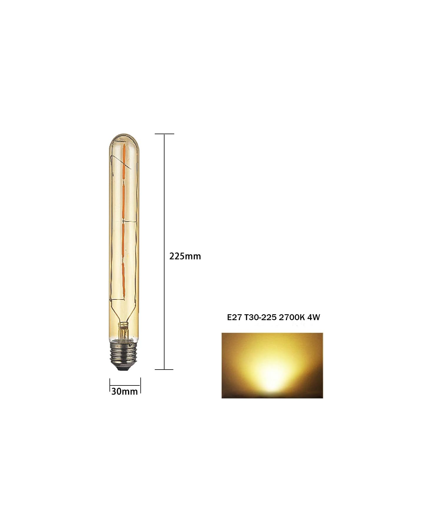 Lange röhrenförmige LED-Glühlampe mit Abmessungen und warmem Licht auf weißem Hintergrund.