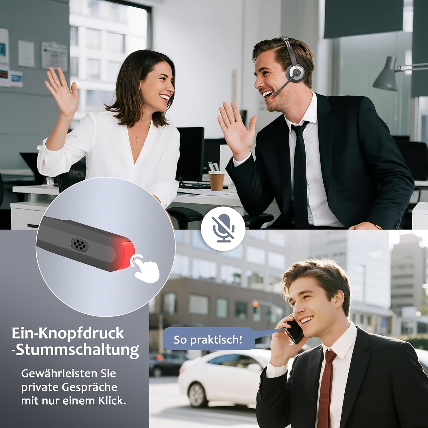 Büroangestellte mit Headsets lachen, unten ein Mann mit Smartphone und Stummschalttaste-Detail.