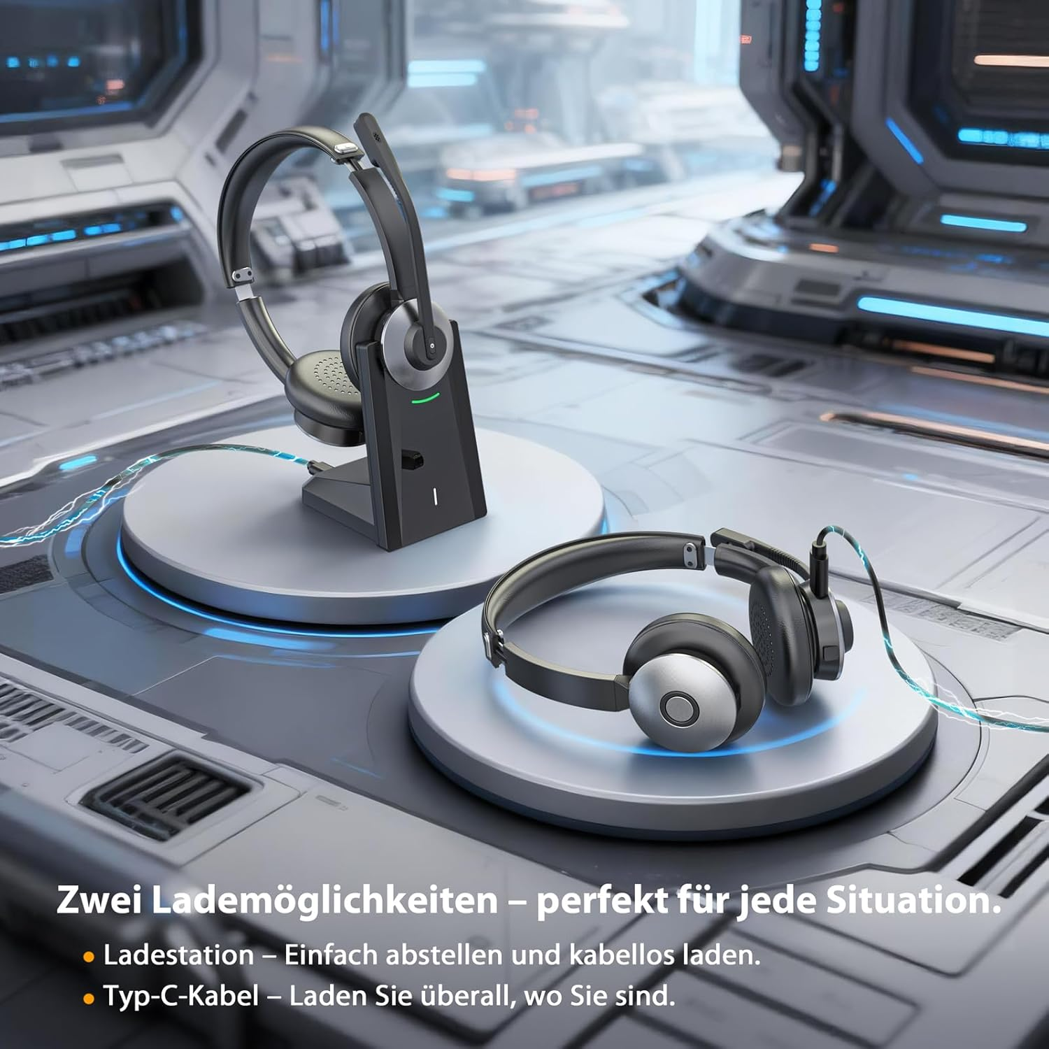 Zwei kabellose Headsets auf beleuchteten Plattformen in einer futuristischen Umgebung mit Ladestation und Kabel.
