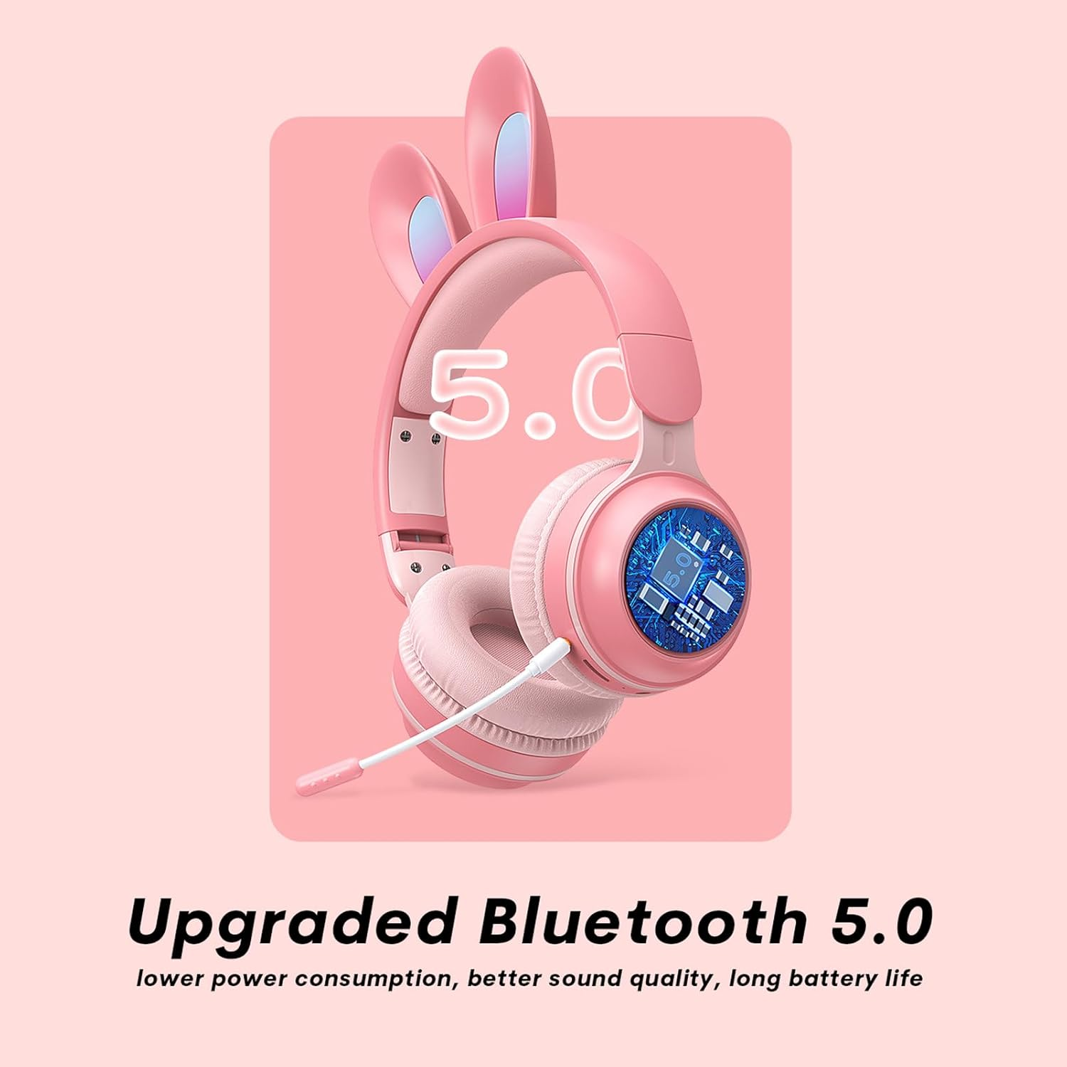 Rosa Bluetooth 5.0 Kopfhörer mit Hasenohren und Mikrofon auf rosa Hintergrund.