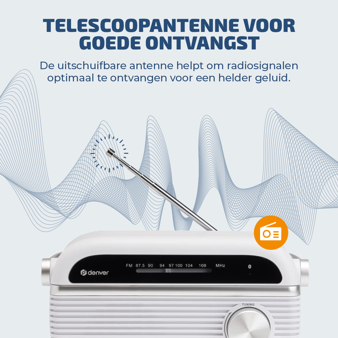 Een witte radio met uitschuifbare antenne tegen een blauwe achtergrond met golven.