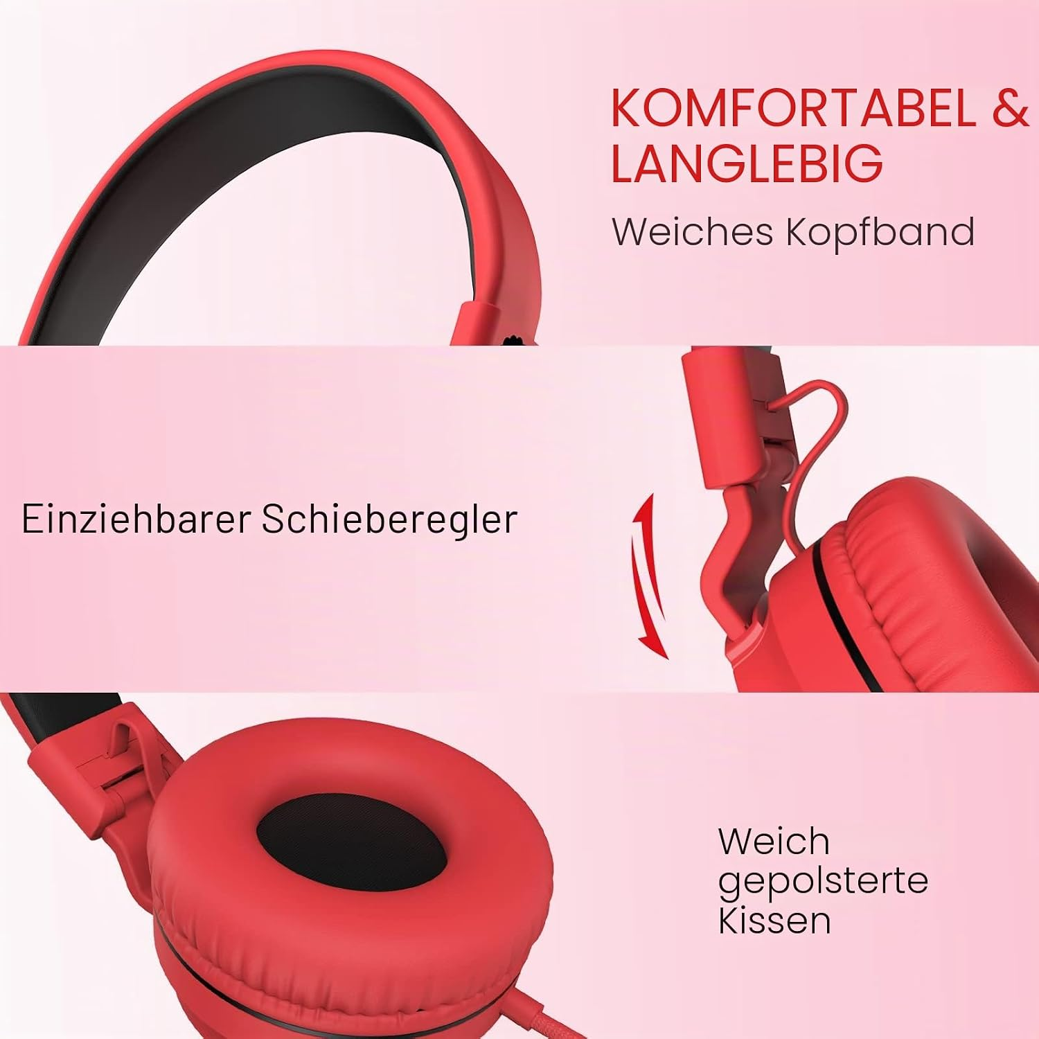 Rote Kopfhörer mit weichem Bügel, verstellbarem Schieber und gepolsterten Ohrmuscheln auf pinkem Hintergrund.