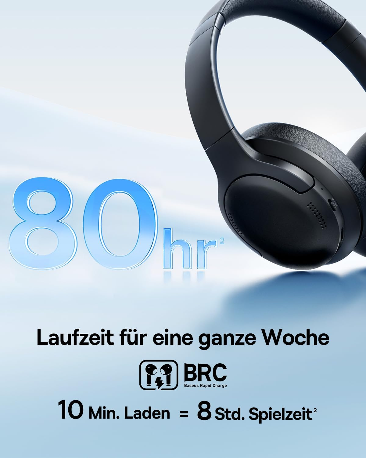 Schwarze Kopfhörer auf blauem Hintergrund mit Text zur Akkulaufzeit und BRC-Logo.