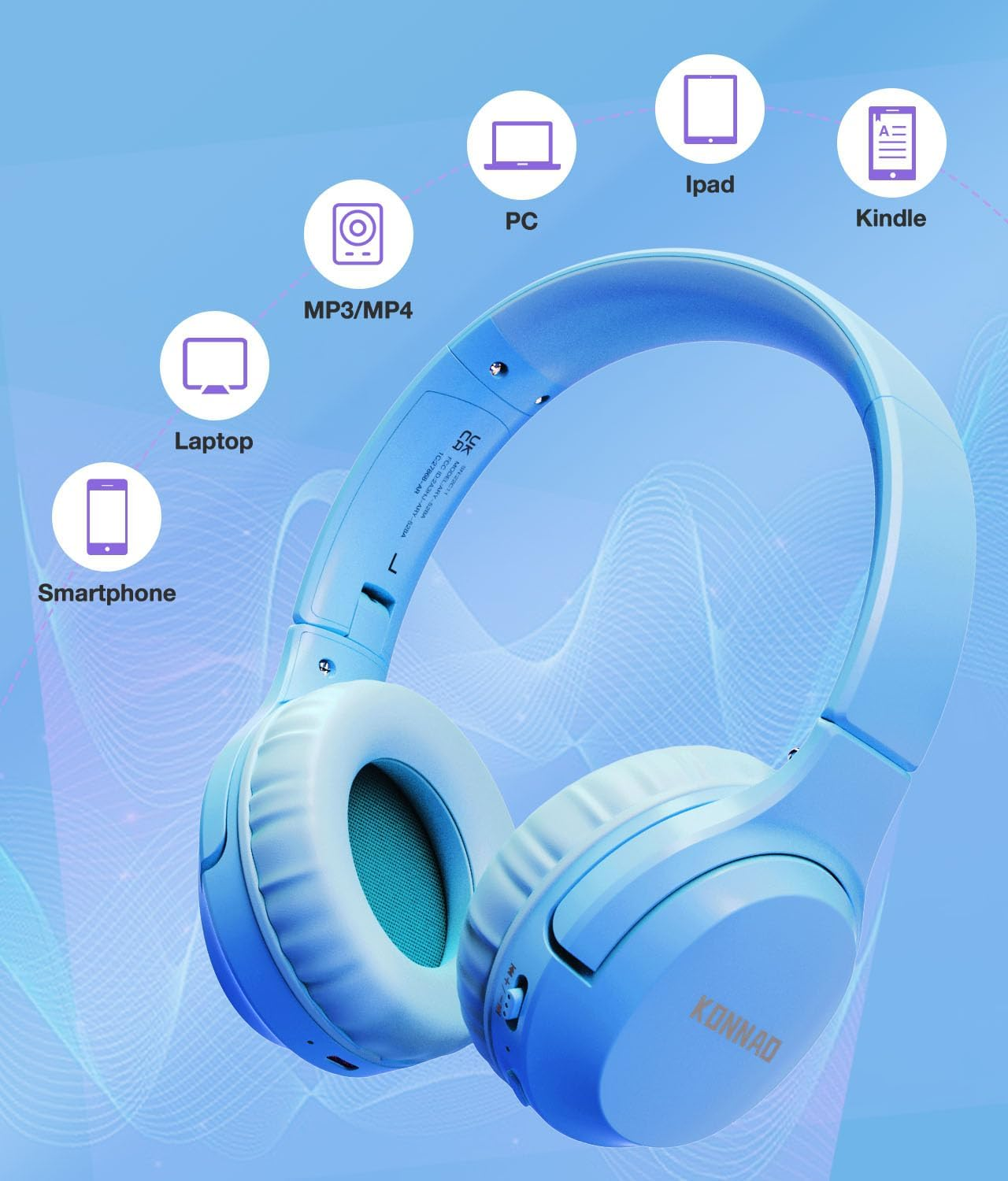Blaue Konnad-Kopfhörer mit Icons für Smartphone, Laptop, MP3, PC, iPad und Kindle vor blauem Hintergrund.