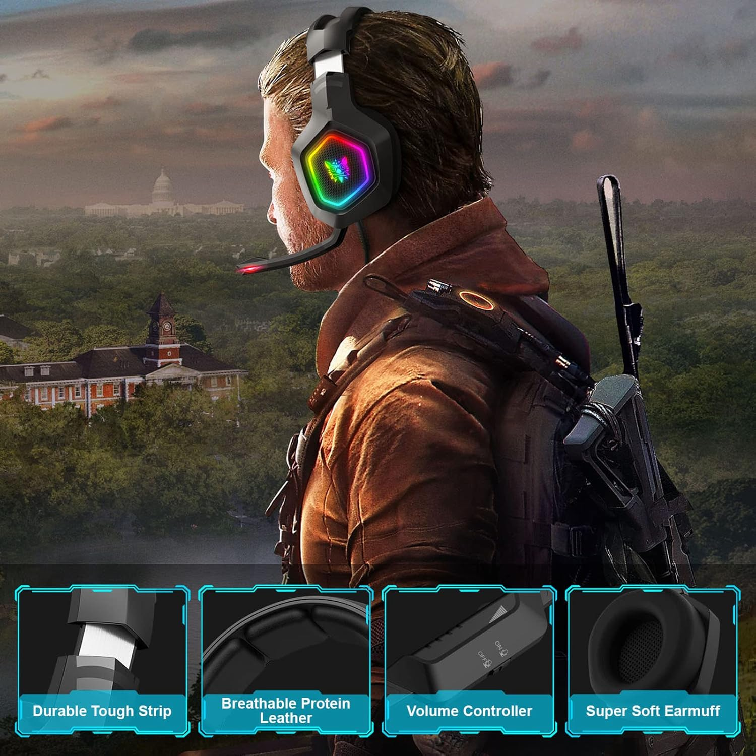 Ein Gamer mit RGB-Gaming-Headset im Freien, darunter vier Produktinlays vor einer Landschaftskulisse.