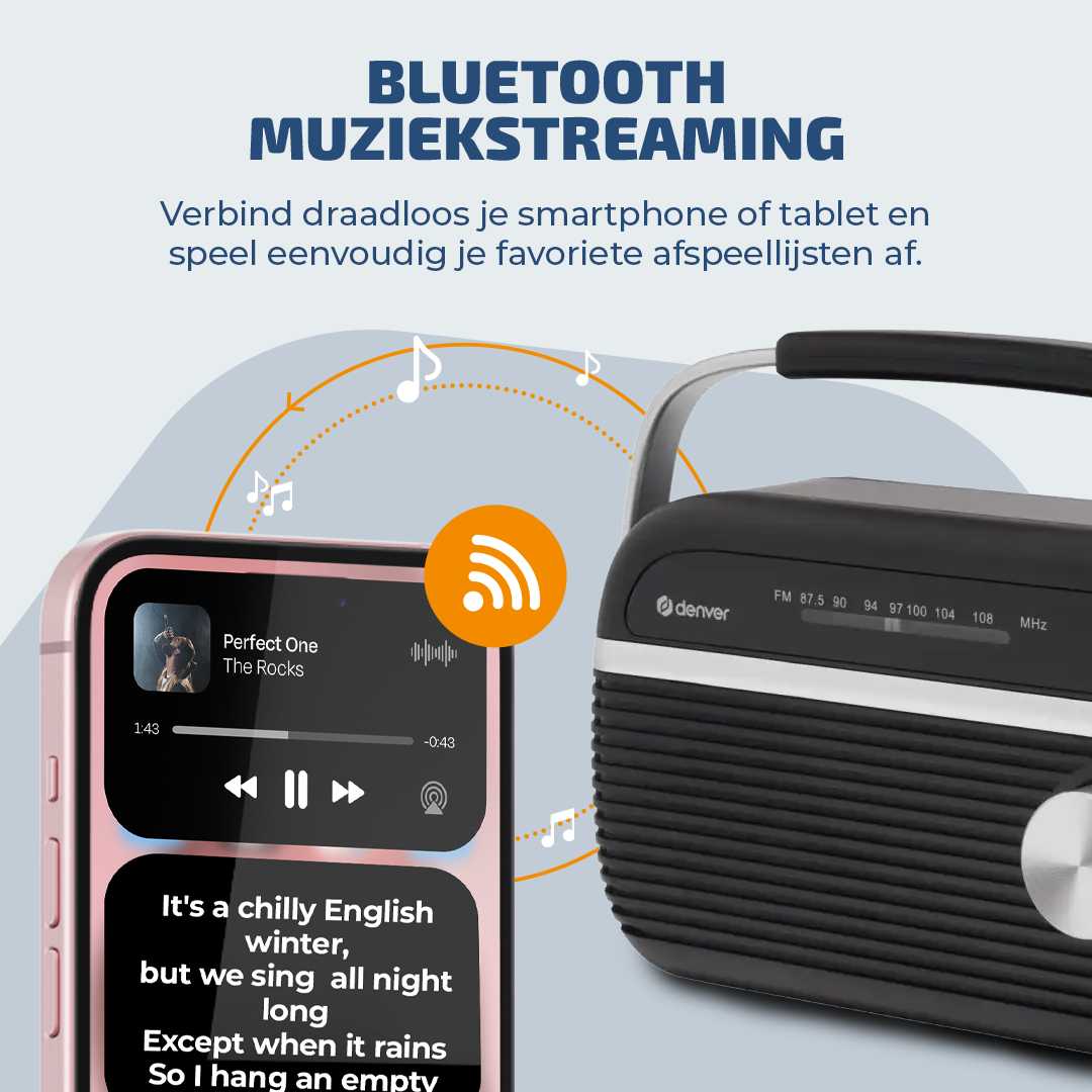 Een smartphone verbindt draadloos met een moderne radio voor Bluetooth muziekstreaming.