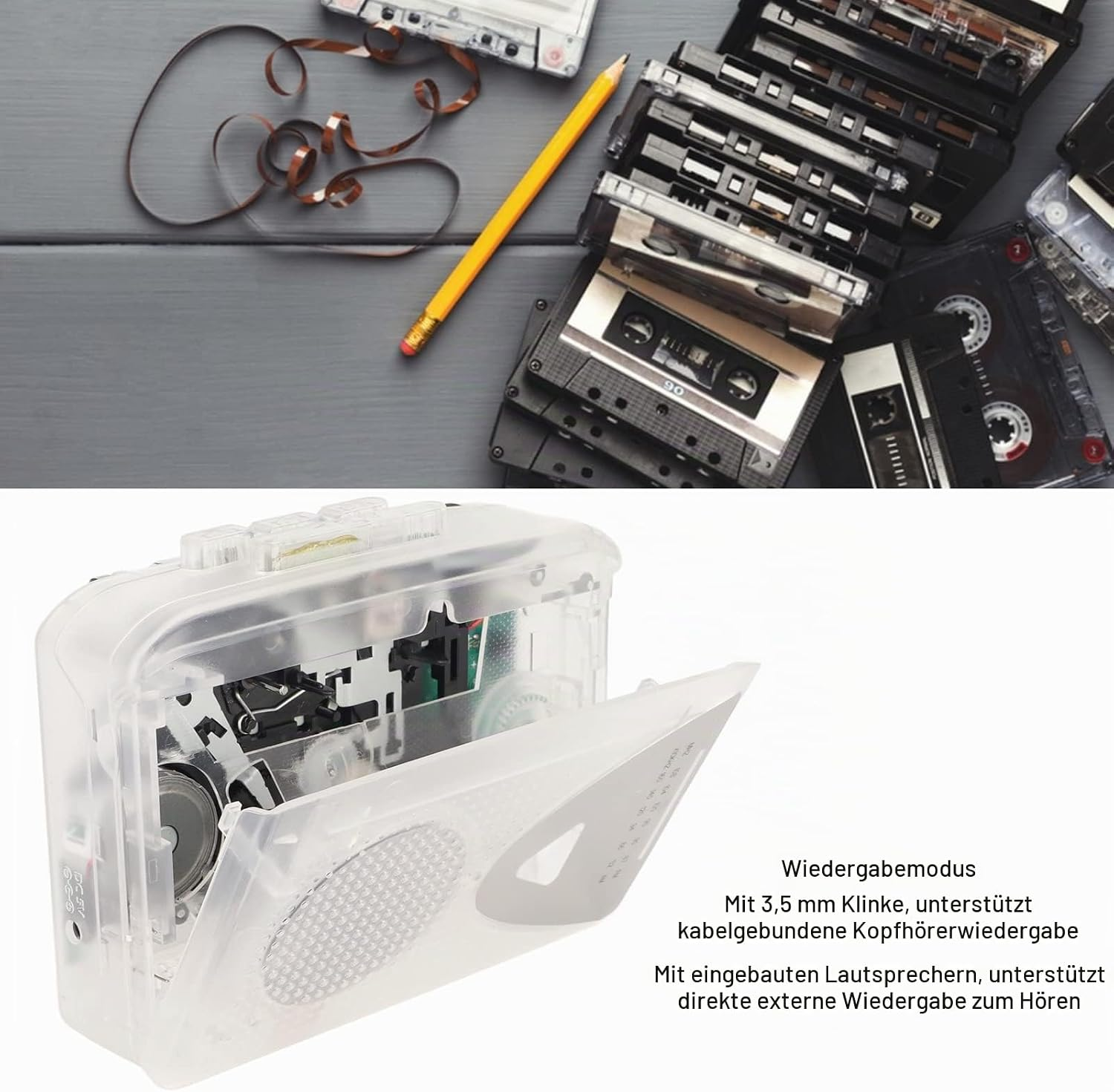 Ein transparenter Kassettenrekorder mit offener Klappe, Kassetten, einem Bleistift und Band.