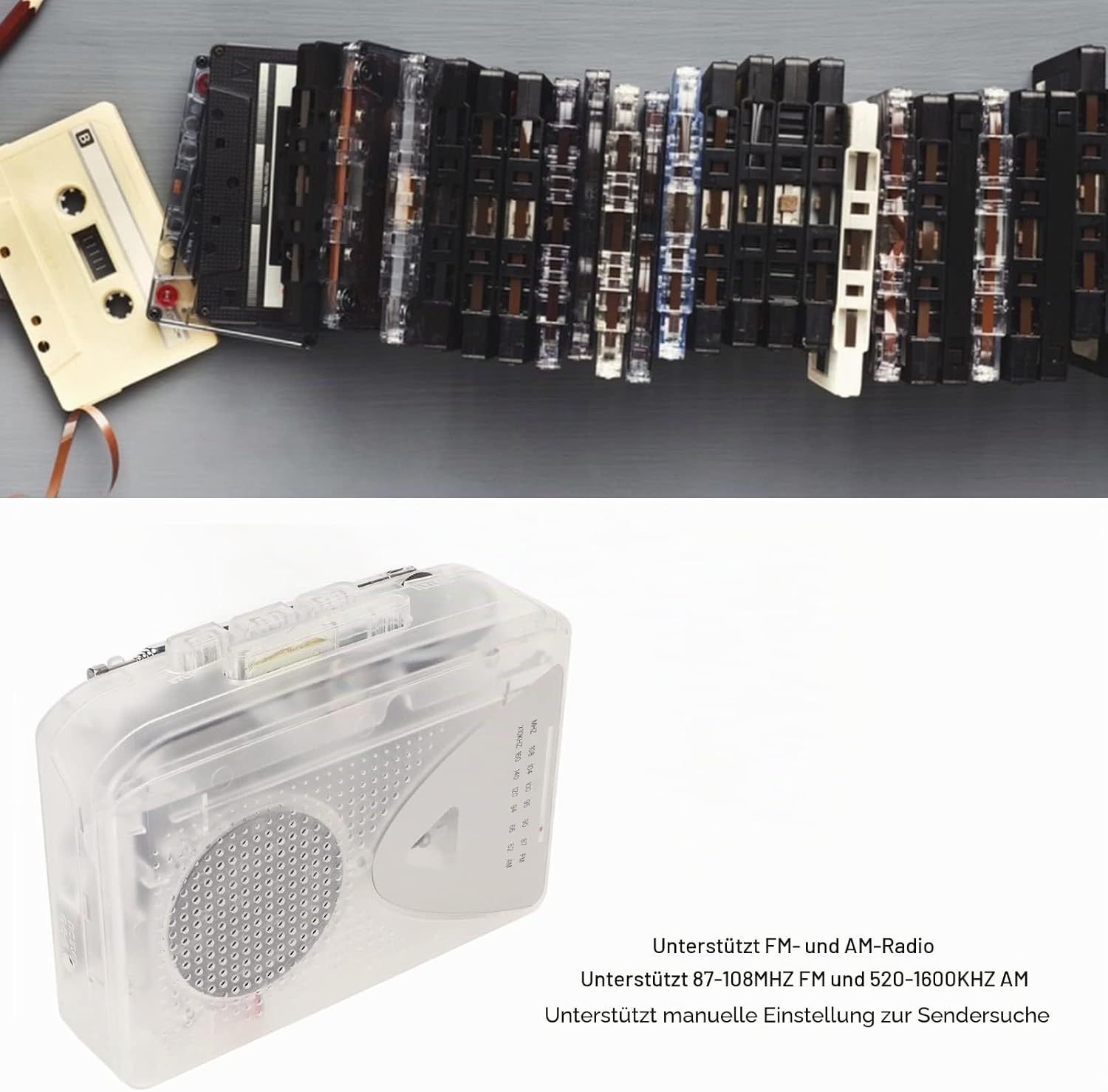 Kassette und ein transparentes Radio mit Text über FM- und AM-Funktionen.