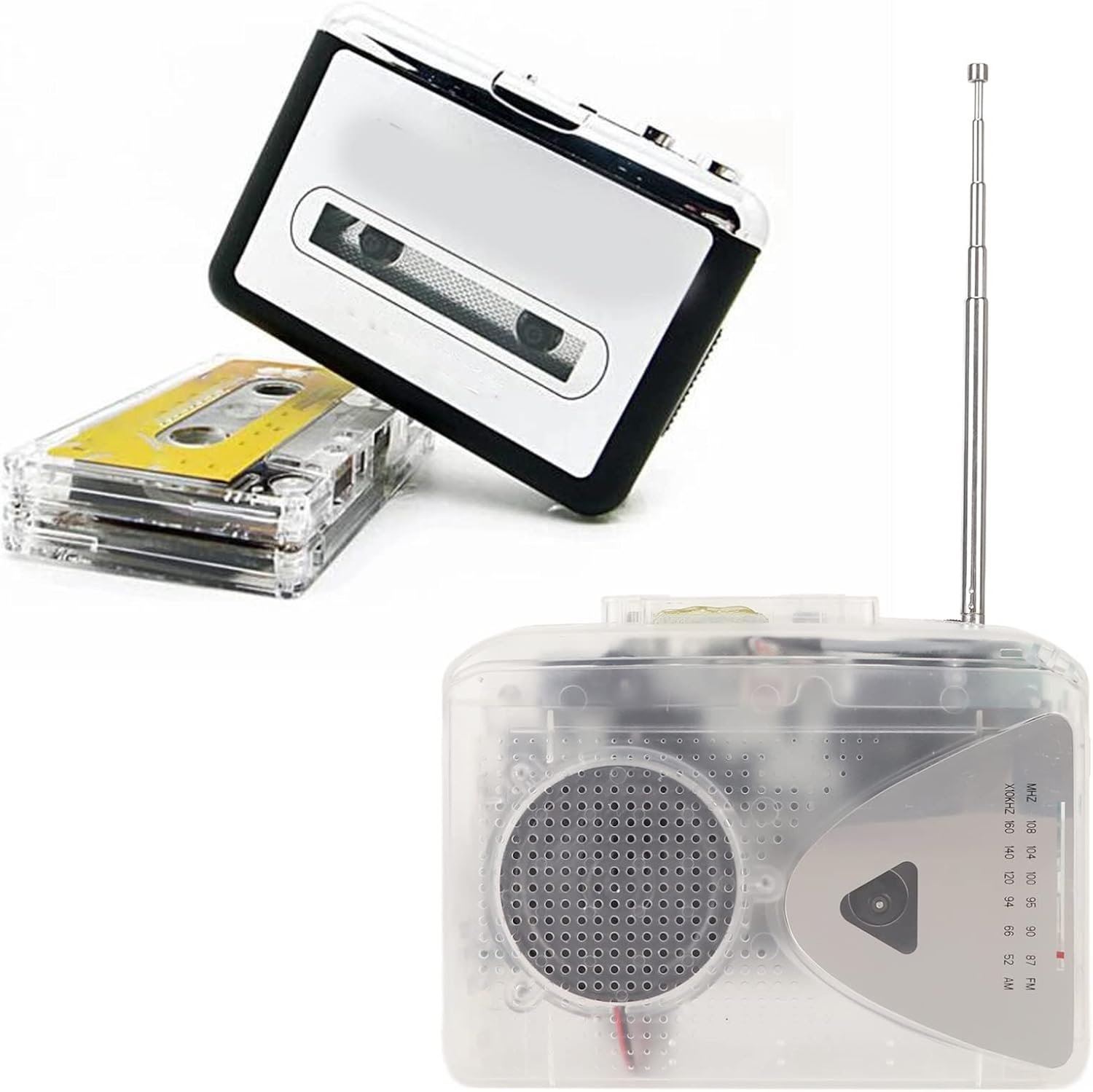 Ein tragbarer Kassettenplayer, Kassetten und ein Radio mit Antenne auf weißem Hintergrund.