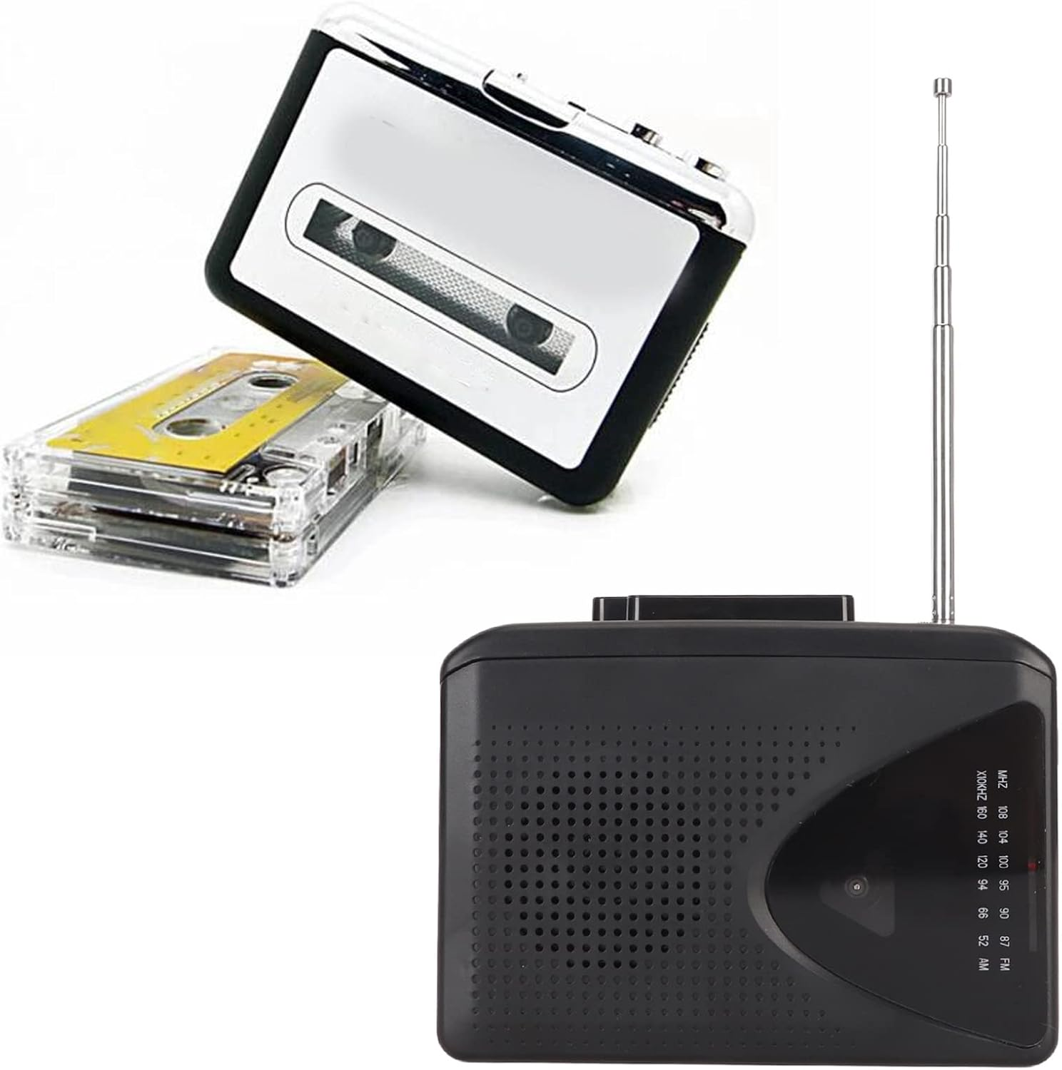 Ein schwarz-weißer Kassettenrekorder, ein schwarzes Radio mit Antenne und zwei Kassetten auf weißem Hintergrund.