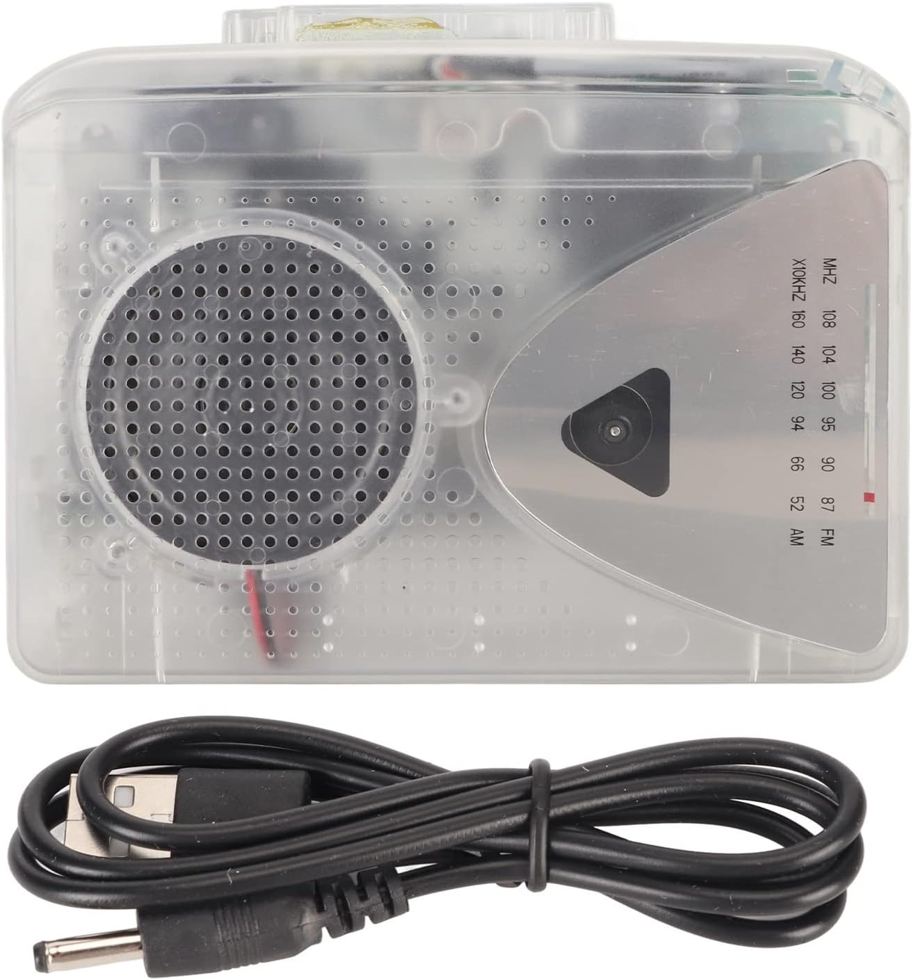 Durchsichtiges Radio mit runden Lautsprechern, silberner Front und schwarzem USB-Ladekabel davor.