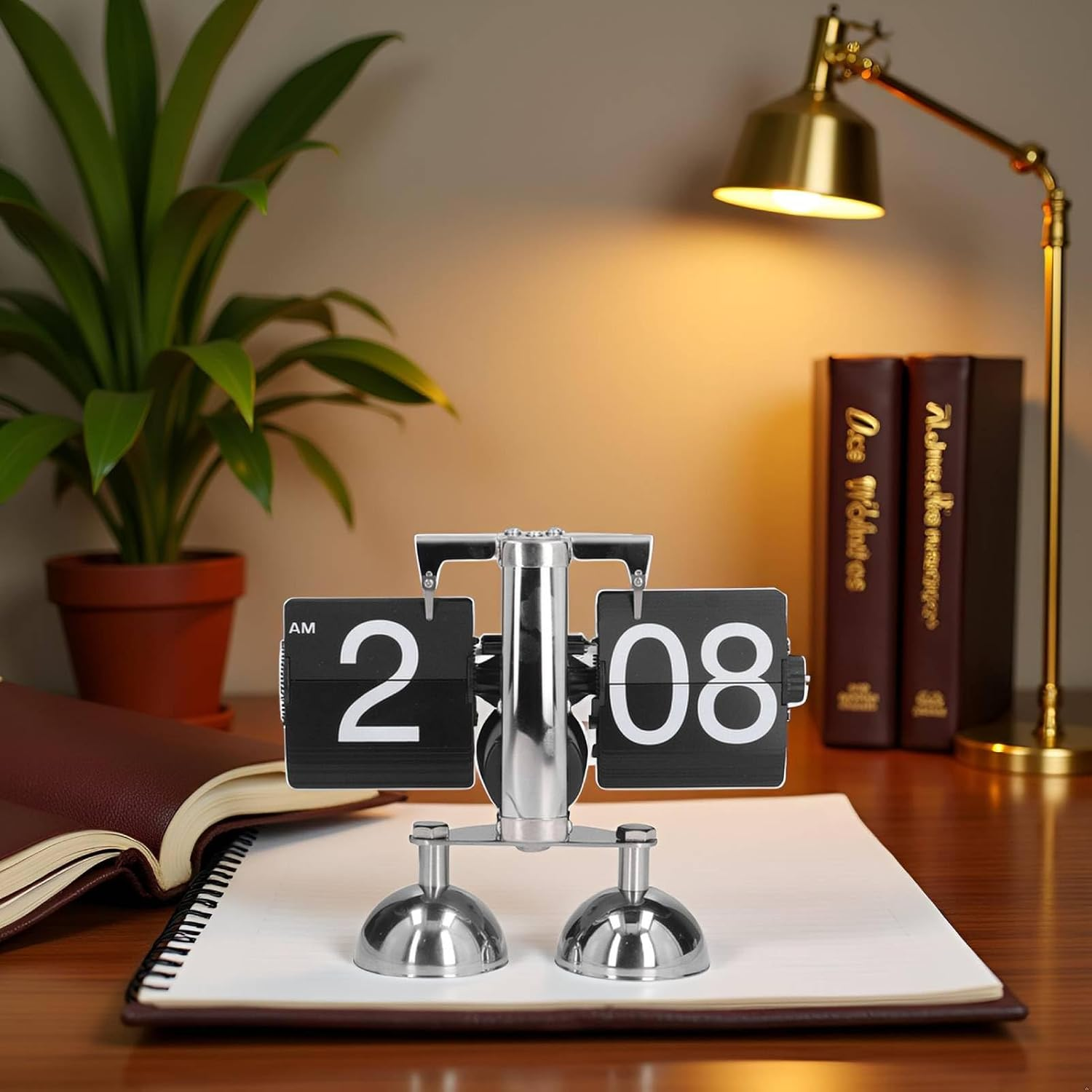 Retro-Klappzahlenwecker auf einem Schreibtisch mit Notizbuch, Lampe und Pflanzen.