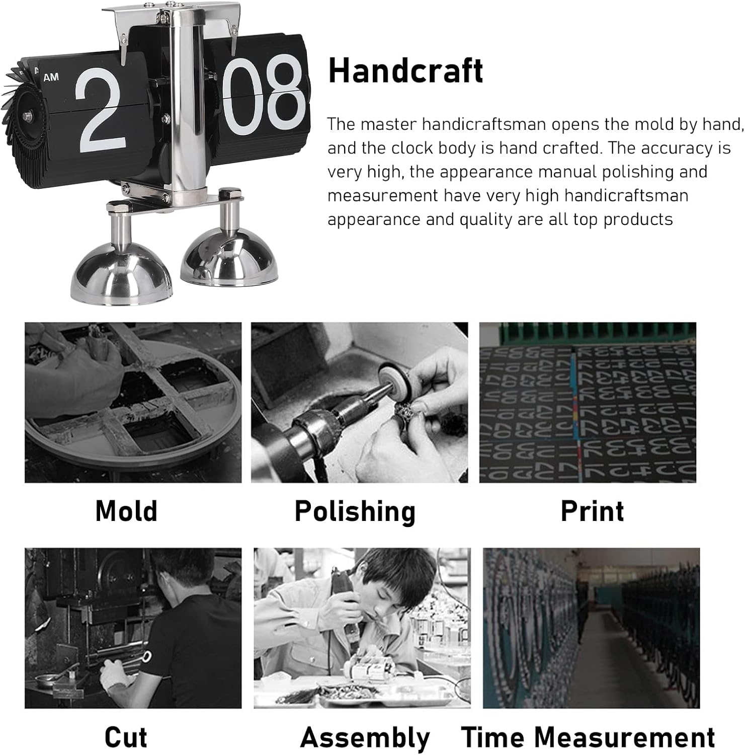 Eine Flip-Uhr oben, darunter sechs Bilder, die den Handwerks- und Herstellungsprozess zeigen.